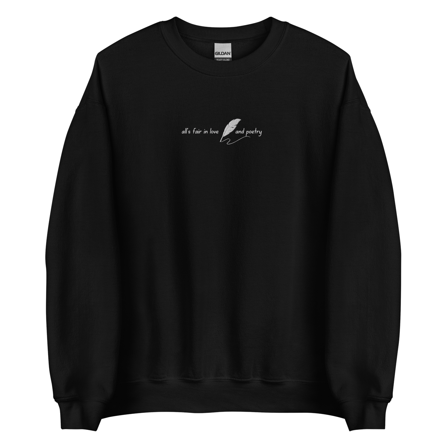 Black crewneck sweatshirt with delicate white script reading “all’s fair in love and poetry,” inspired by Taylor Swift TTPD (The Tortured Poets Department) aesthetic, cozy unisex fan merch pullover