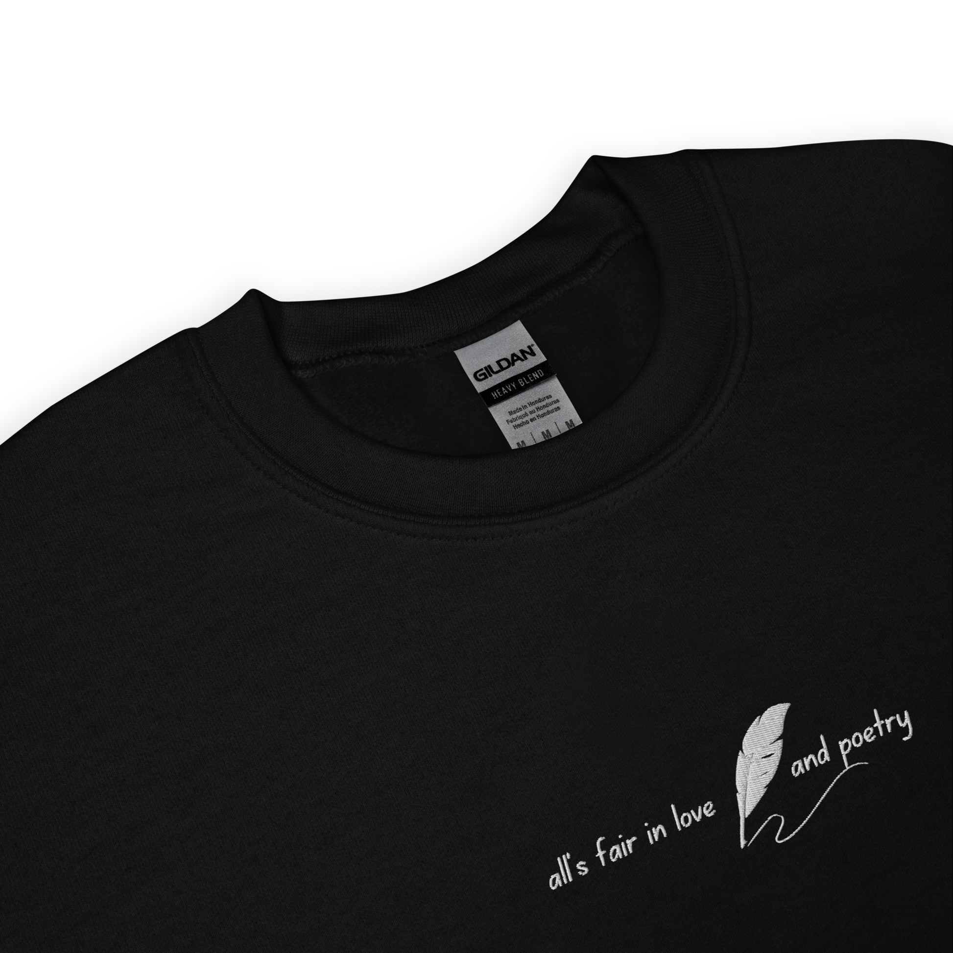 Black crewneck sweatshirt with delicate white script reading “all’s fair in love and poetry,” inspired by Taylor Swift TTPD (The Tortured Poets Department) aesthetic, cozy unisex fan merch pullover