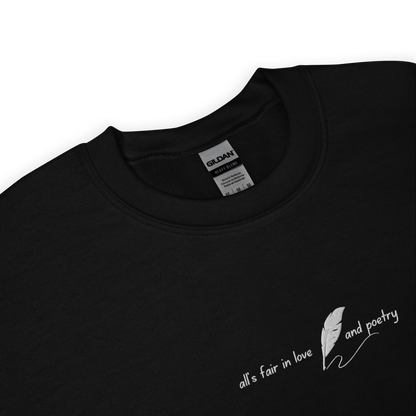 Black crewneck sweatshirt with delicate white script reading “all’s fair in love and poetry,” inspired by Taylor Swift TTPD (The Tortured Poets Department) aesthetic, cozy unisex fan merch pullover