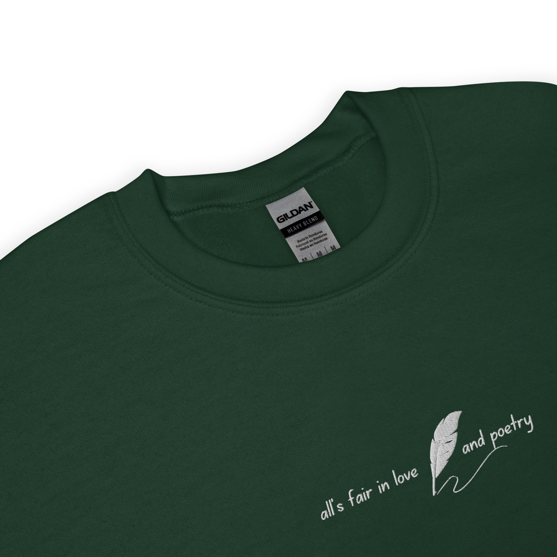 Forest green crewneck sweatshirt with delicate white script reading “all’s fair in love and poetry,” inspired by Taylor Swift TTPD (The Tortured Poets Department) aesthetic, cozy unisex fan merch pullover