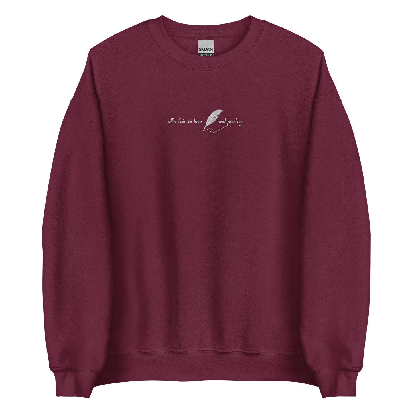 Maroon crewneck sweatshirt with delicate white script reading “all’s fair in love and poetry,” inspired by Taylor Swift TTPD (The Tortured Poets Department) aesthetic, cozy unisex fan merch pullover