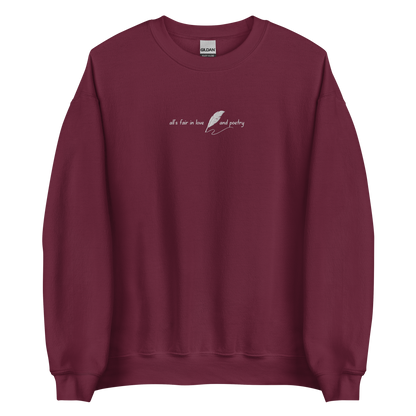 Maroon crewneck sweatshirt with delicate white script reading “all’s fair in love and poetry,” inspired by Taylor Swift TTPD (The Tortured Poets Department) aesthetic, cozy unisex fan merch pullover