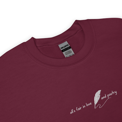 Maroon crewneck sweatshirt with delicate white script reading “all’s fair in love and poetry,” inspired by Taylor Swift TTPD (The Tortured Poets Department) aesthetic, cozy unisex fan merch pullover