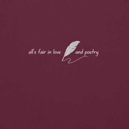 Maroon crewneck sweatshirt with delicate white script reading “all’s fair in love and poetry,” inspired by Taylor Swift TTPD (The Tortured Poets Department) aesthetic, cozy unisex fan merch pullover