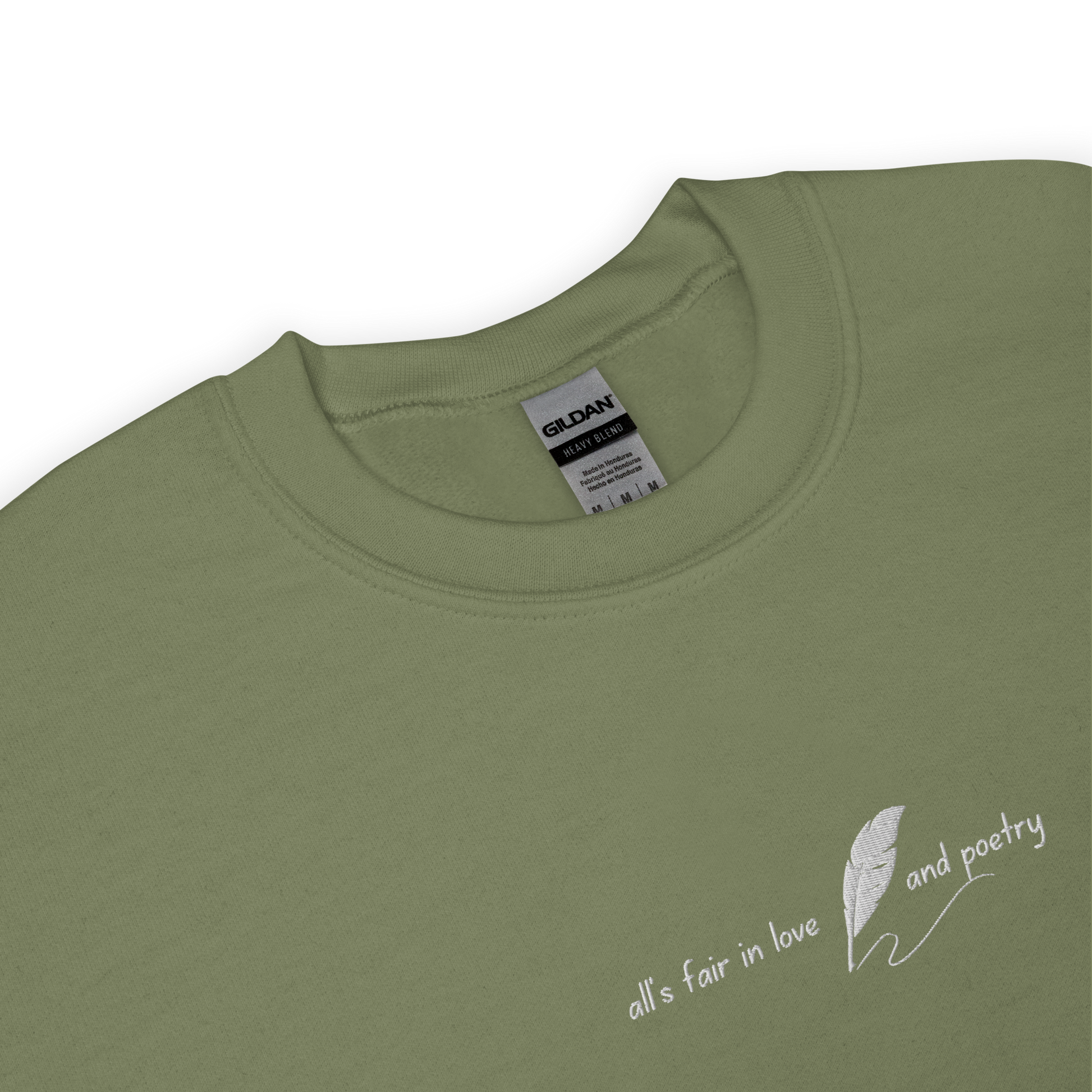 Military Green crewneck sweatshirt with delicate white script reading “all’s fair in love and poetry,” inspired by Taylor Swift TTPD (The Tortured Poets Department) aesthetic, cozy unisex fan merch pullover