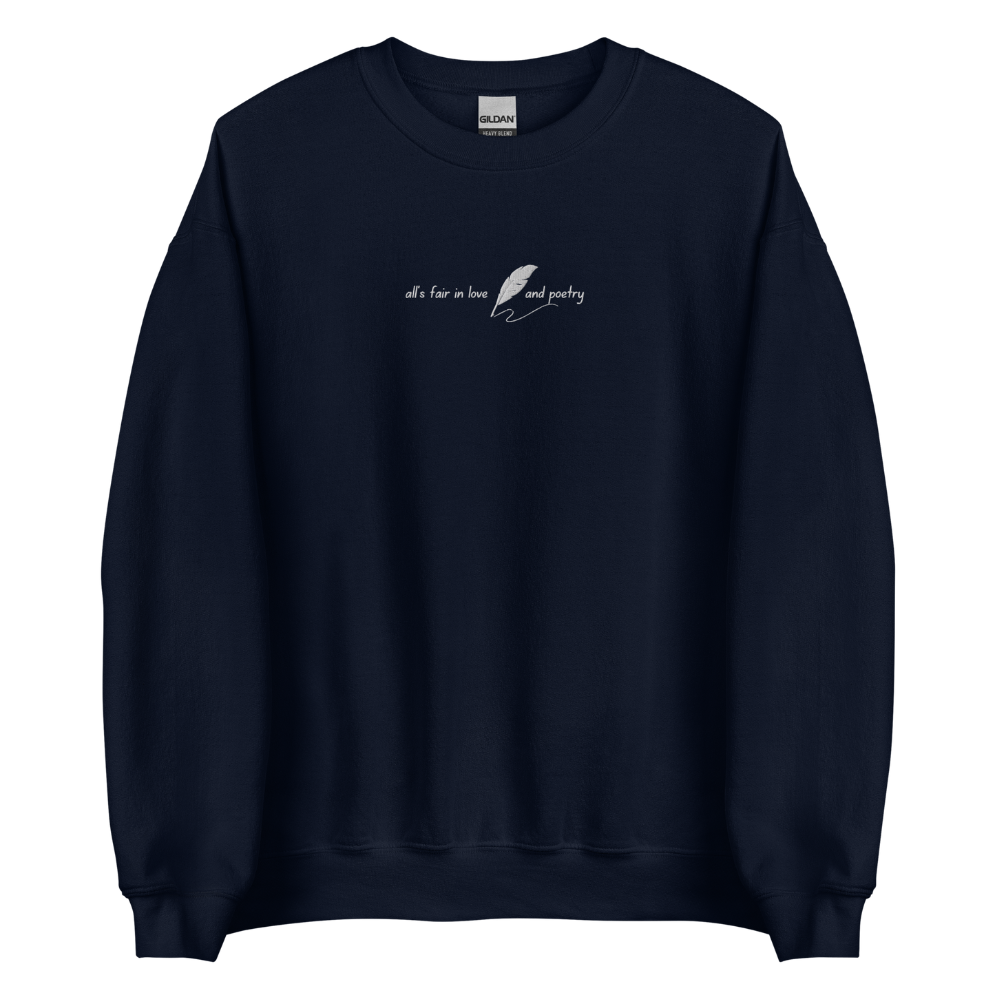Navy crewneck sweatshirt with delicate white script reading “all’s fair in love and poetry,” inspired by Taylor Swift TTPD (The Tortured Poets Department) aesthetic, cozy unisex fan merch pullover