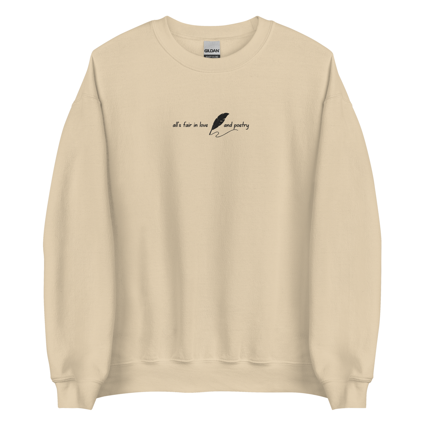 Sand crewneck sweatshirt with delicate white script reading “all’s fair in love and poetry,” inspired by Taylor Swift TTPD (The Tortured Poets Department) aesthetic, cozy unisex fan merch pullover