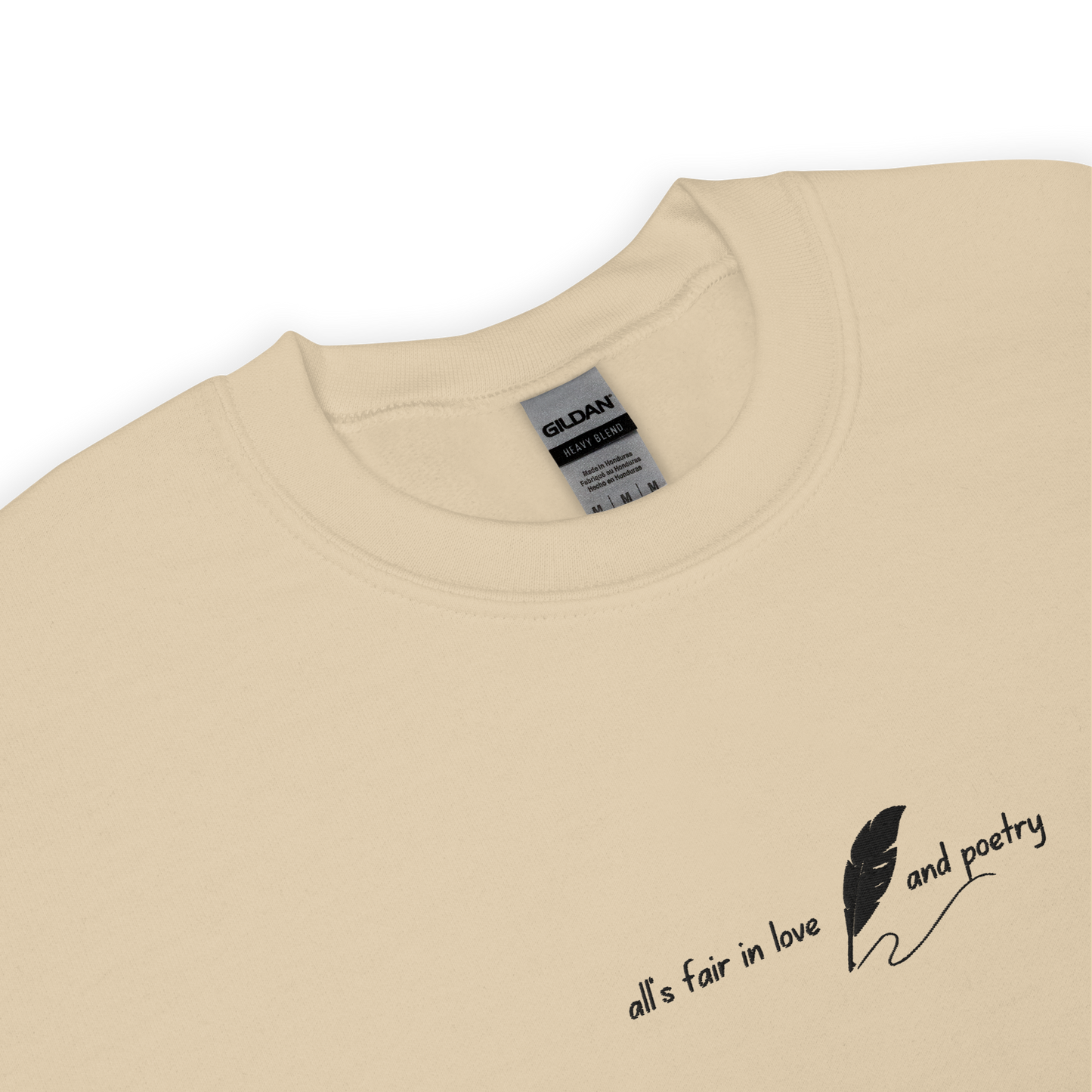 Sand crewneck sweatshirt with delicate white script reading “all’s fair in love and poetry,” inspired by Taylor Swift TTPD (The Tortured Poets Department) aesthetic, cozy unisex fan merch pullover