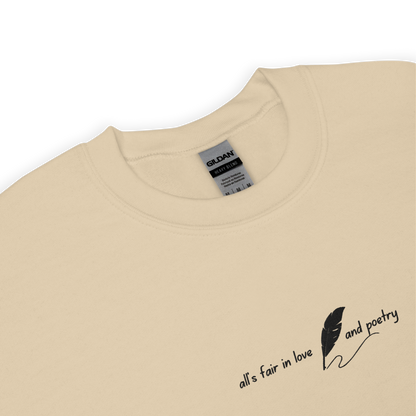 Sand crewneck sweatshirt with delicate white script reading “all’s fair in love and poetry,” inspired by Taylor Swift TTPD (The Tortured Poets Department) aesthetic, cozy unisex fan merch pullover