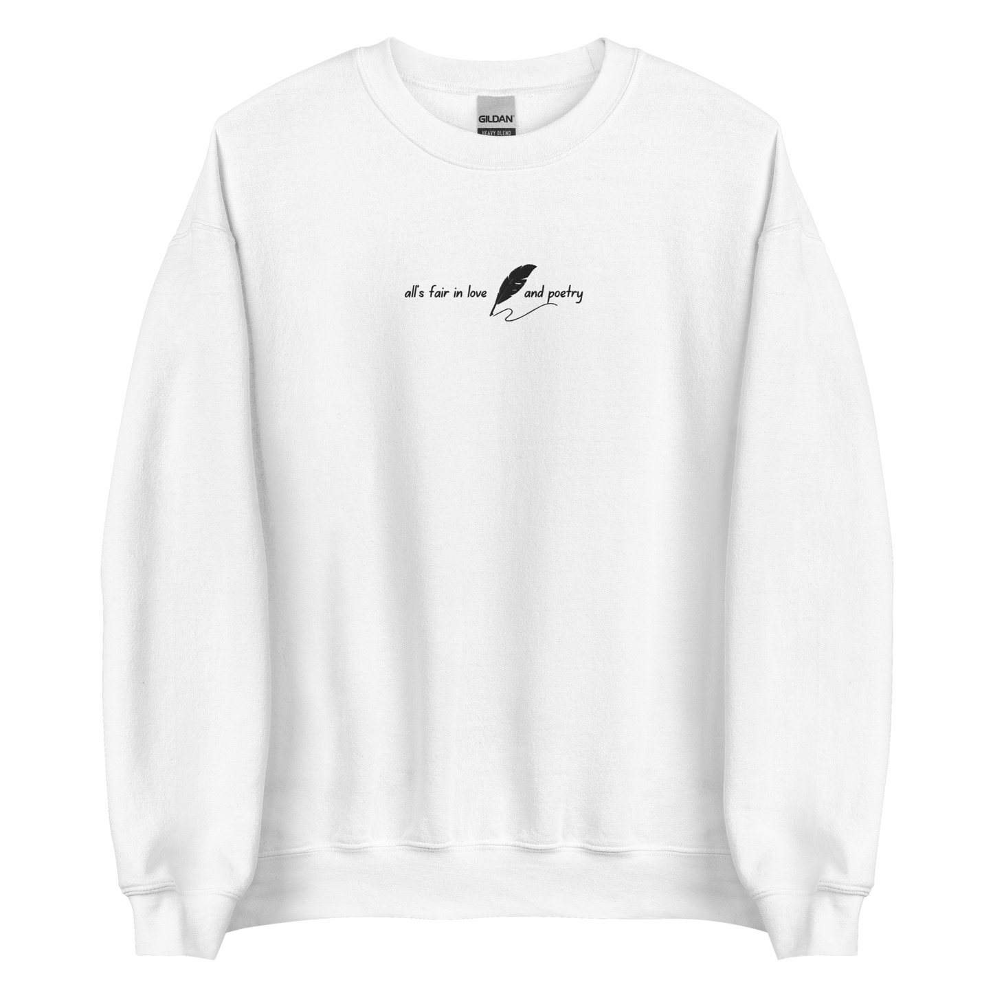White crewneck sweatshirt with delicate white script reading “all’s fair in love and poetry,” inspired by Taylor Swift TTPD (The Tortured Poets Department) aesthetic, cozy unisex fan merch pullover