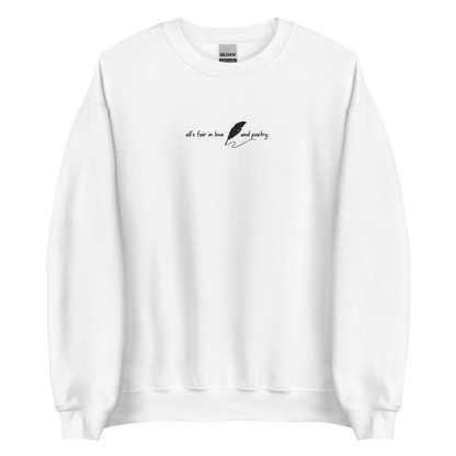 White crewneck sweatshirt with delicate white script reading “all’s fair in love and poetry,” inspired by Taylor Swift TTPD (The Tortured Poets Department) aesthetic, cozy unisex fan merch pullover
