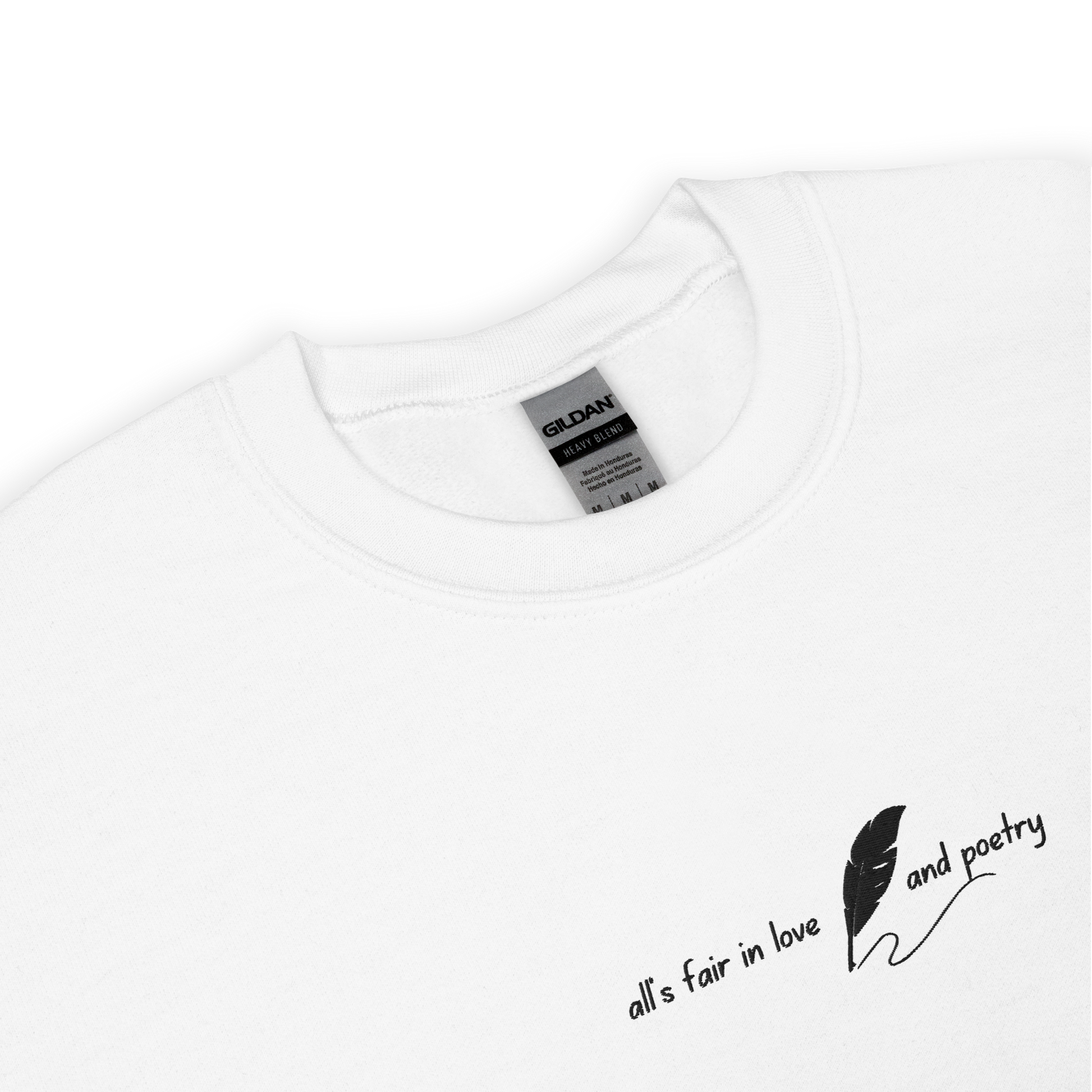 White crewneck sweatshirt with delicate white script reading “all’s fair in love and poetry,” inspired by Taylor Swift TTPD (The Tortured Poets Department) aesthetic, cozy unisex fan merch pullover