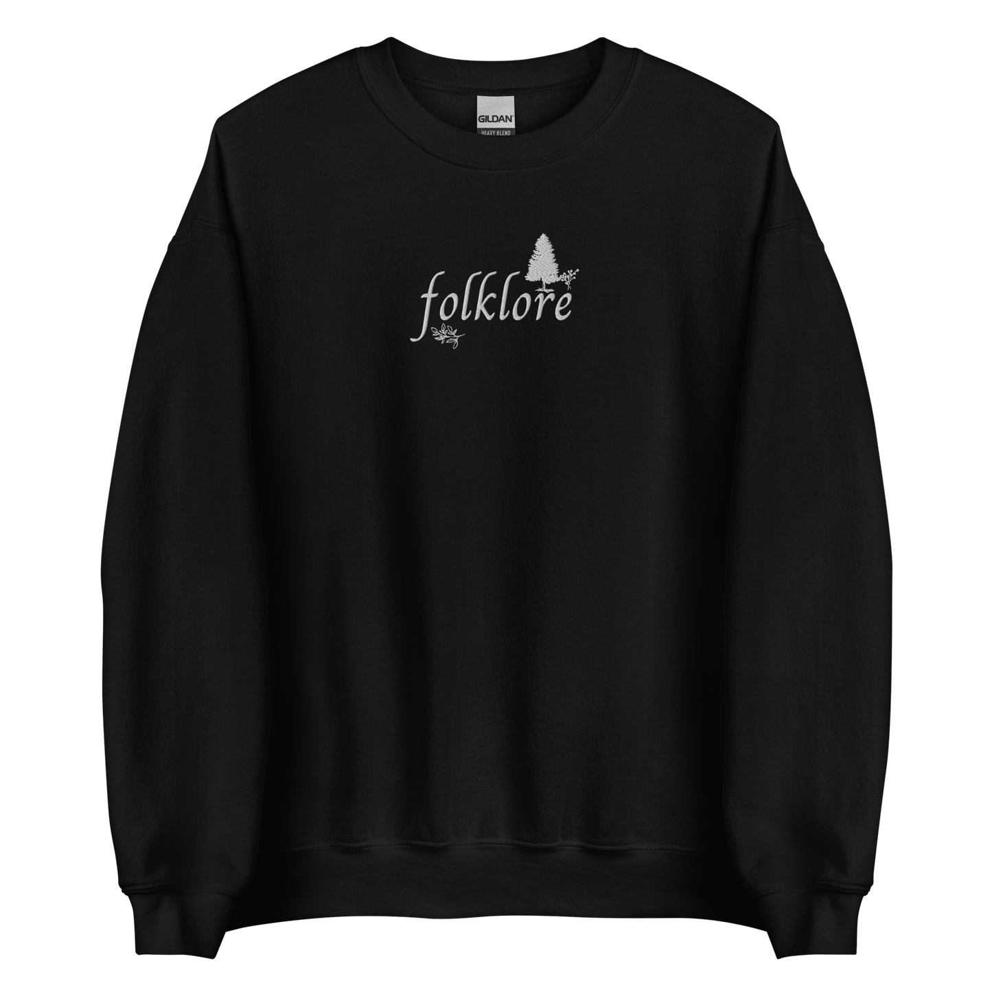 Black folklore sweatshirt inspired by Taylor Swift’s folklore era, featuring minimalist gold ‘folklore’ lettering and tree graphic on a cozy crewneck pullover, aesthetic indie music merch