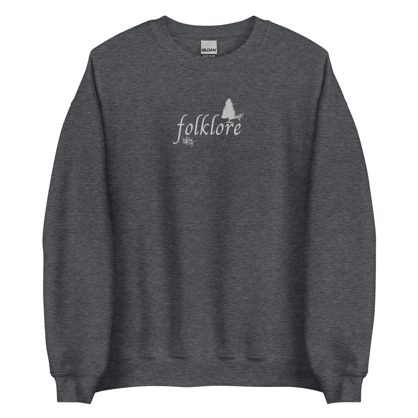 Dark heather folklore sweatshirt inspired by Taylor Swift’s folklore era, featuring minimalist gold ‘folklore’ lettering and tree graphic on a cozy crewneck pullover, aesthetic indie music merch