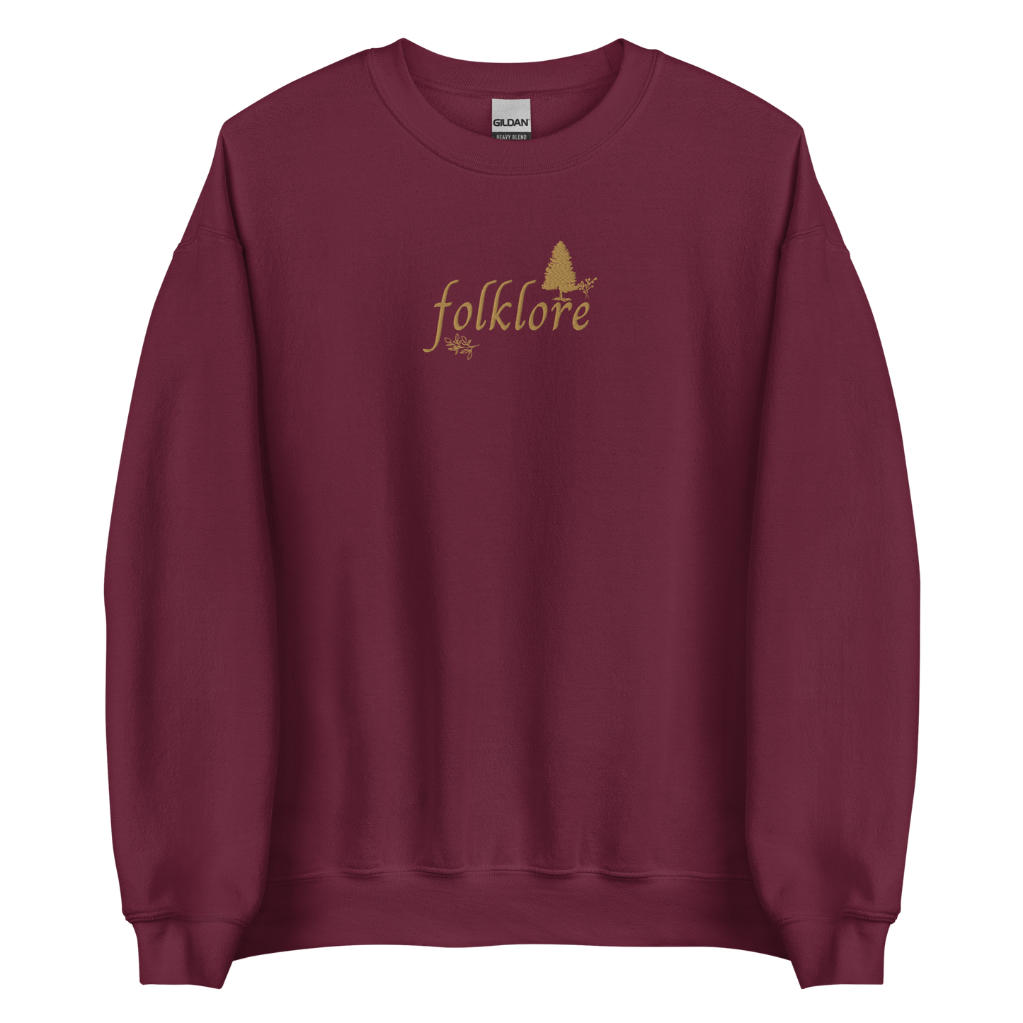 Maroon folklore sweatshirt inspired by Taylor Swift’s folklore era, featuring minimalist gold ‘folklore’ lettering and tree graphic on a cozy crewneck pullover, aesthetic indie music merch