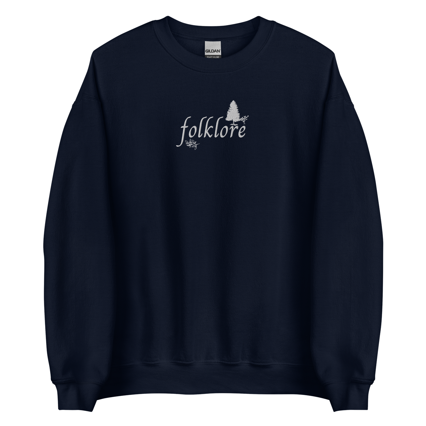 Navy folklore sweatshirt inspired by Taylor Swift’s folklore era, featuring minimalist gold ‘folklore’ lettering and tree graphic on a cozy crewneck pullover, aesthetic indie music merch
