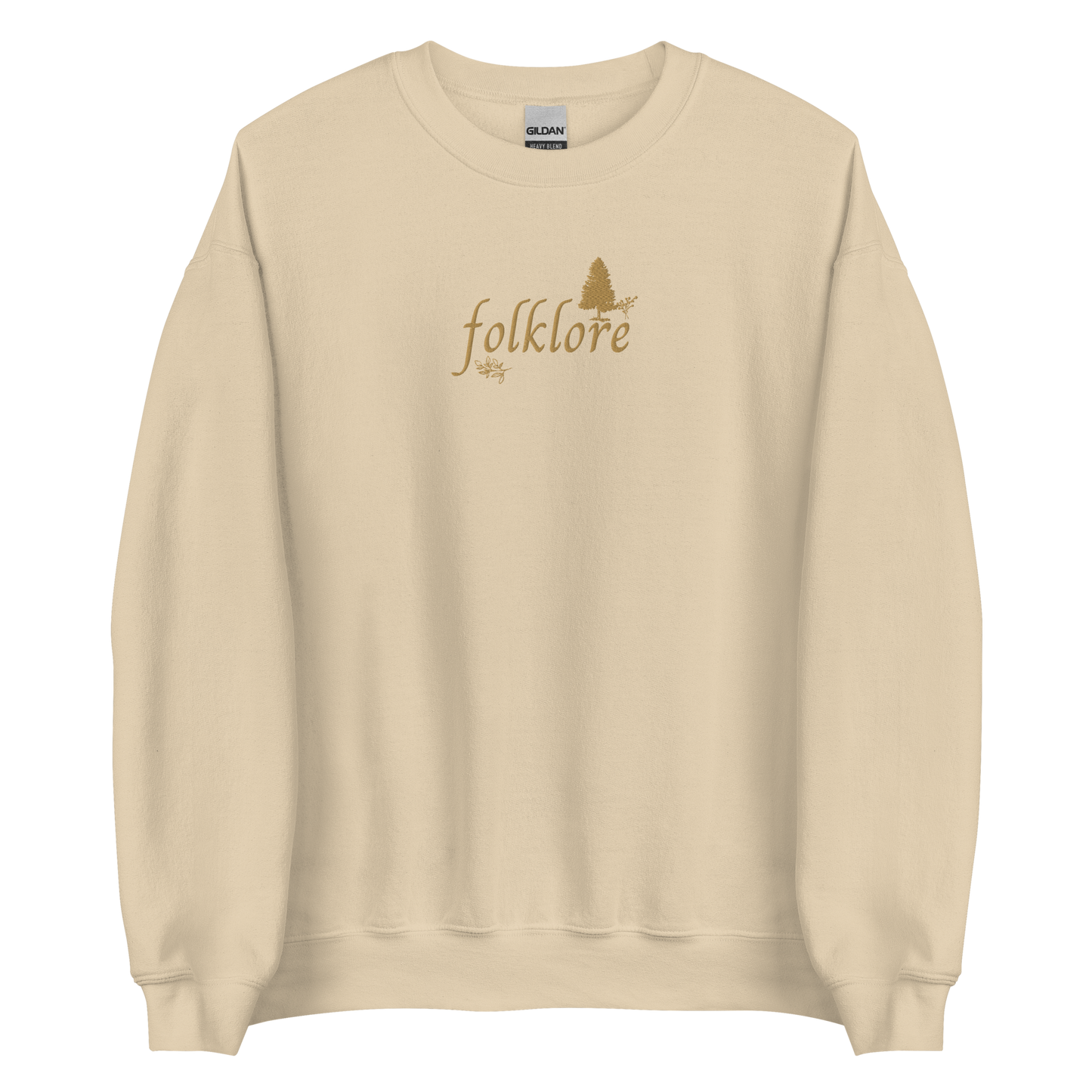 Sand folklore sweatshirt inspired by Taylor Swift’s folklore era, featuring minimalist gold ‘folklore’ lettering and tree graphic on a cozy crewneck pullover, aesthetic indie music merch