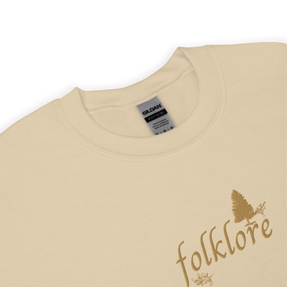 Sand folklore sweatshirt inspired by Taylor Swift’s folklore era, featuring minimalist gold ‘folklore’ lettering and tree graphic on a cozy crewneck pullover, aesthetic indie music merch