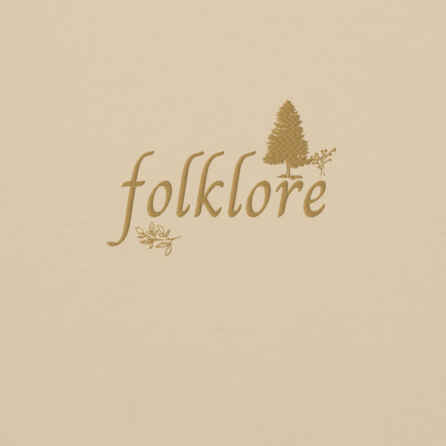 Sand folklore sweatshirt inspired by Taylor Swift’s folklore era, featuring minimalist gold ‘folklore’ lettering and tree graphic on a cozy crewneck pullover, aesthetic indie music merch