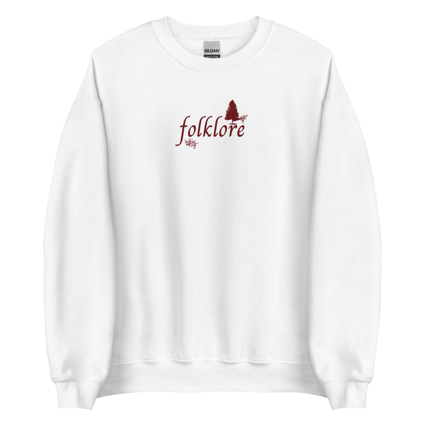 White folklore sweatshirt inspired by Taylor Swift’s folklore era, featuring minimalist gold ‘folklore’ lettering and tree graphic on a cozy crewneck pullover, aesthetic indie music merch