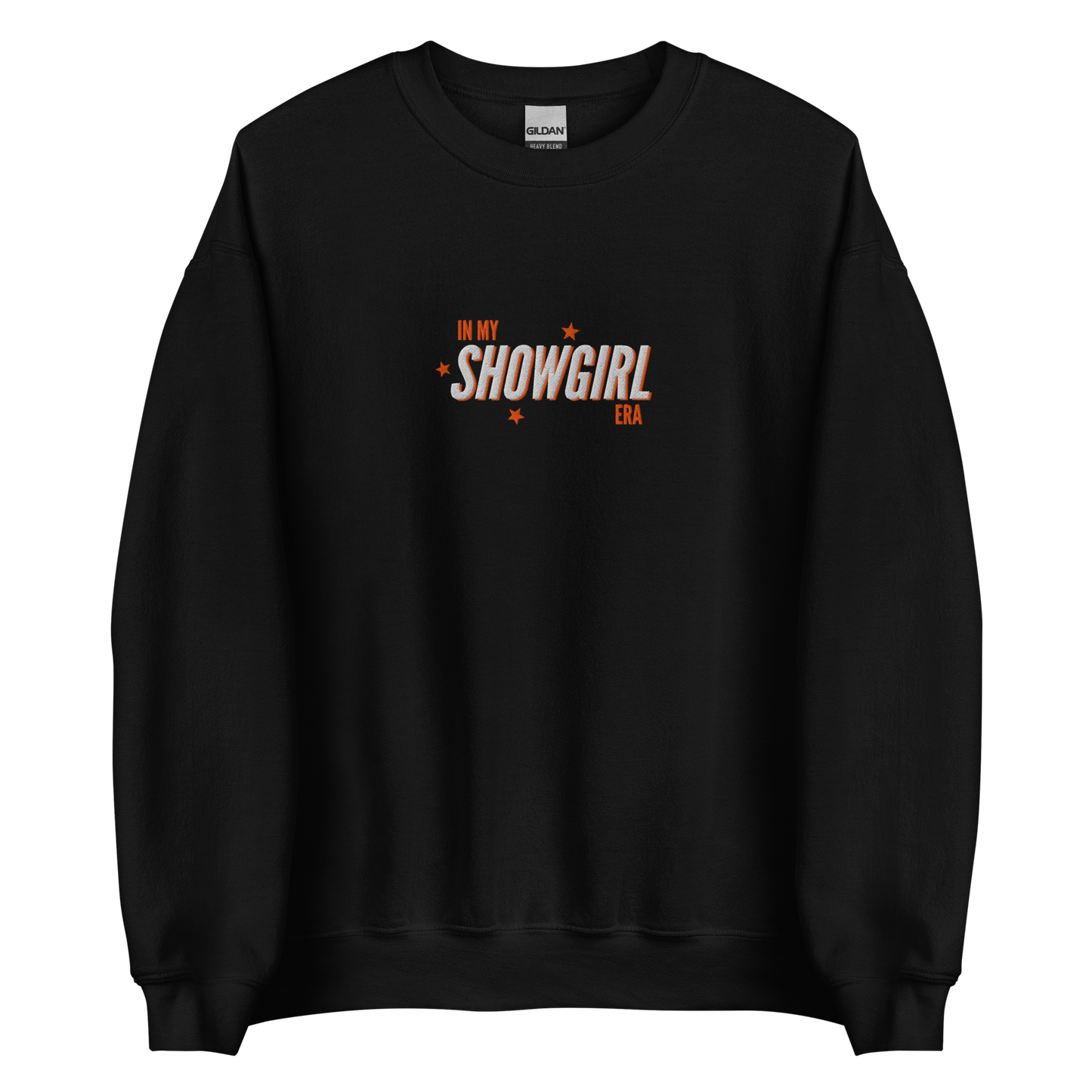 Black crewneck sweatshirt with retro text reading 'In My Showgirl Era', Taylor Swift inspired fan apparel, cozy Swiftie merch for music and concert lovers.