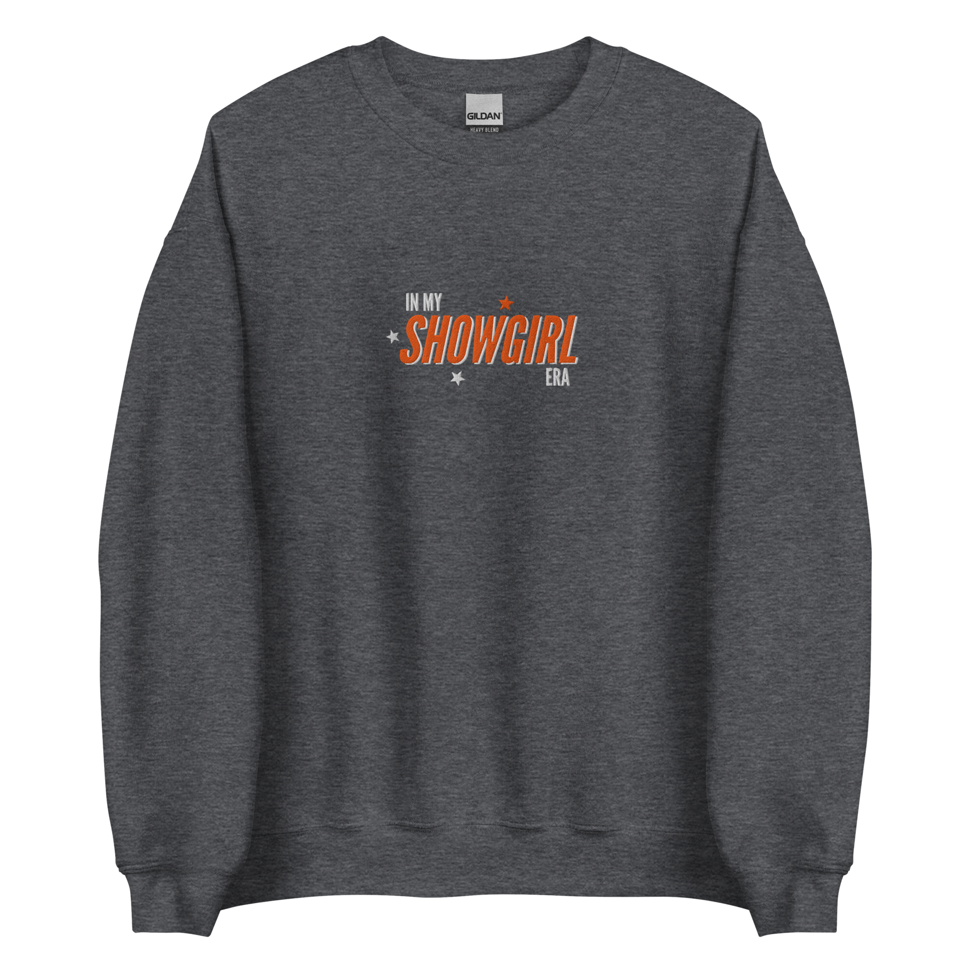 Dark heather crewneck sweatshirt with retro text reading 'In My Showgirl Era', Taylor Swift inspired fan apparel, cozy Swiftie merch for music and concert lovers.
