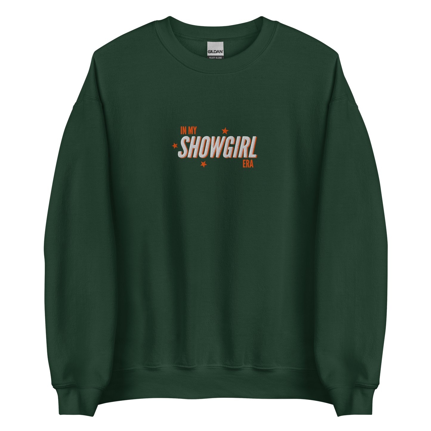 Green crewneck sweatshirt with retro text reading 'In My Showgirl Era', Taylor Swift inspired fan apparel, cozy Swiftie merch for music and concert lovers.