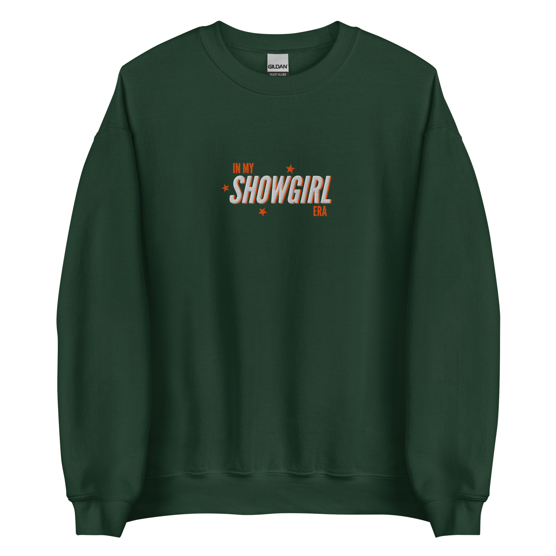 Green crewneck sweatshirt with retro text reading 'In My Showgirl Era', Taylor Swift inspired fan apparel, cozy Swiftie merch for music and concert lovers.
