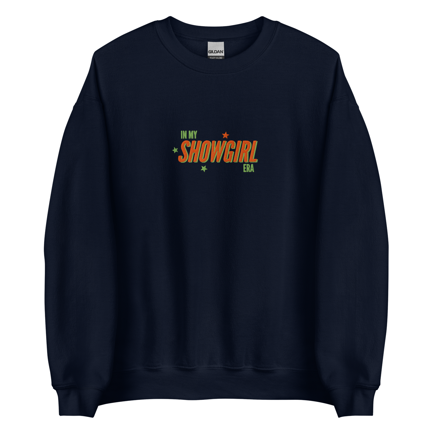 Navy crewneck sweatshirt with retro text reading 'In My Showgirl Era', Taylor Swift inspired fan apparel, cozy Swiftie merch for music and concert lovers.