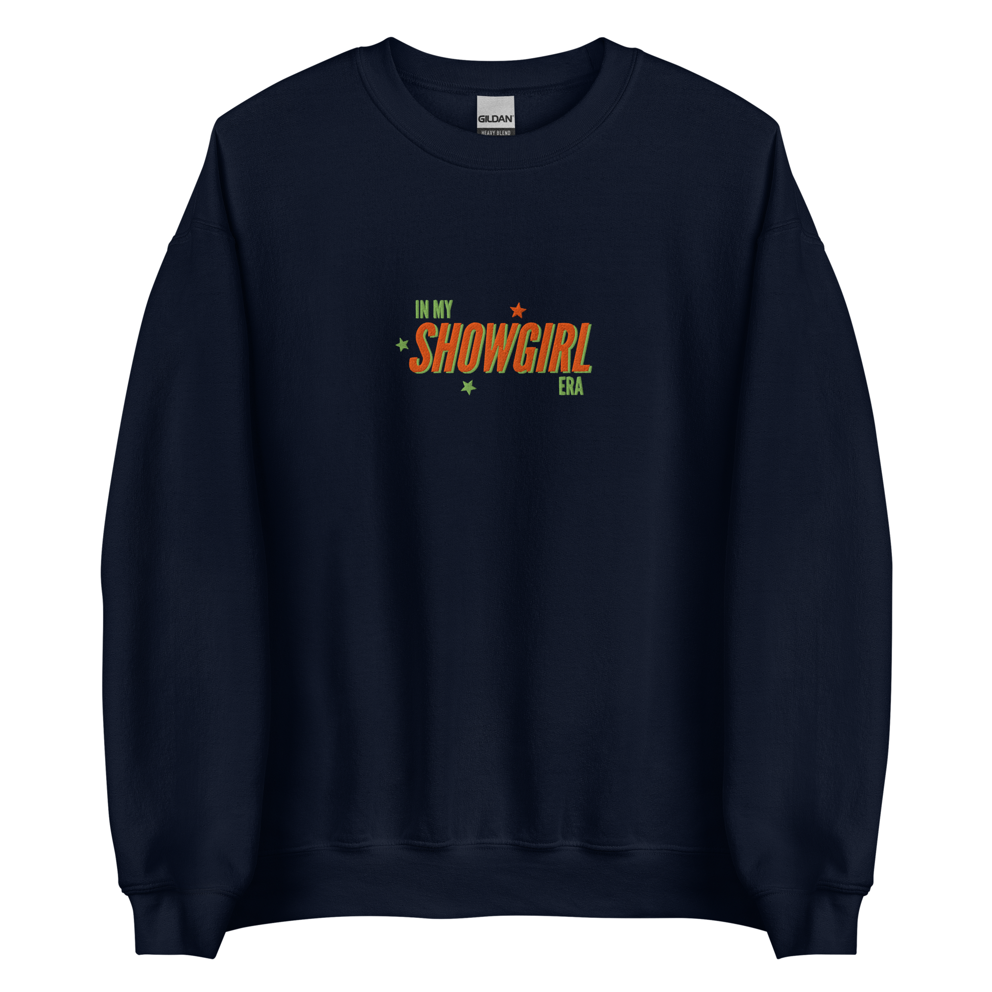 Navy crewneck sweatshirt with retro text reading 'In My Showgirl Era', Taylor Swift inspired fan apparel, cozy Swiftie merch for music and concert lovers.