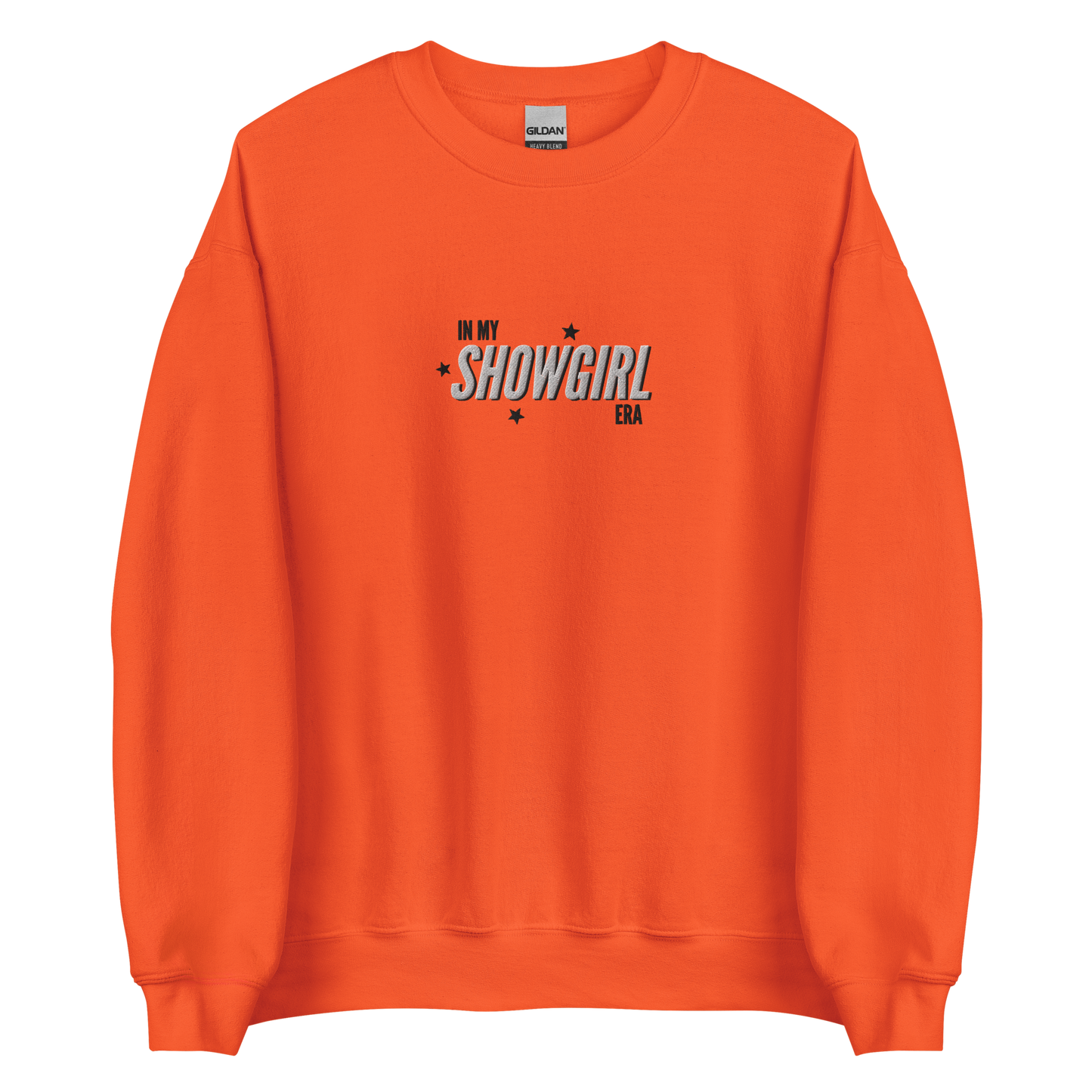 Orange crewneck sweatshirt with retro text reading 'In My Showgirl Era', Taylor Swift inspired fan apparel, cozy Swiftie merch for music and concert lovers.