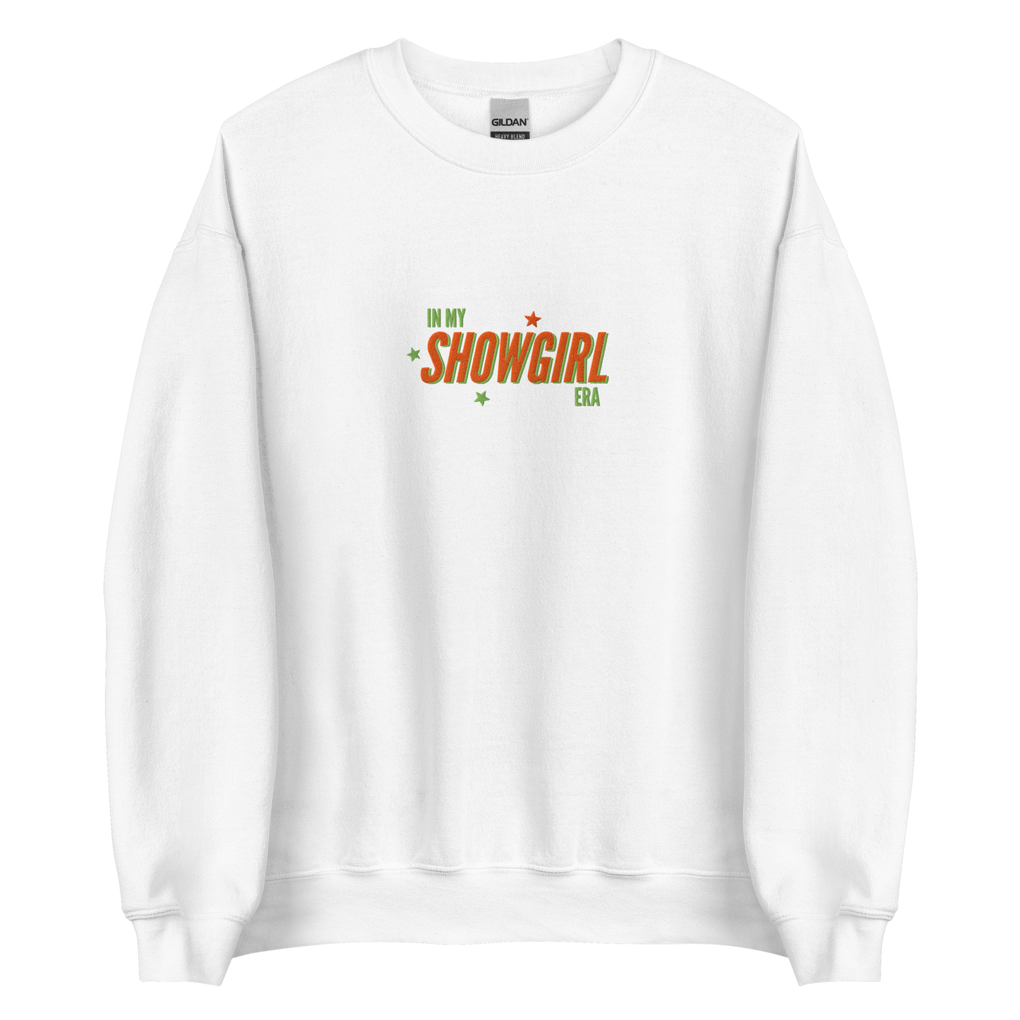 White crewneck sweatshirt with retro text reading 'In My Showgirl Era', Taylor Swift inspired fan apparel, cozy Swiftie merch for music and concert lovers.
