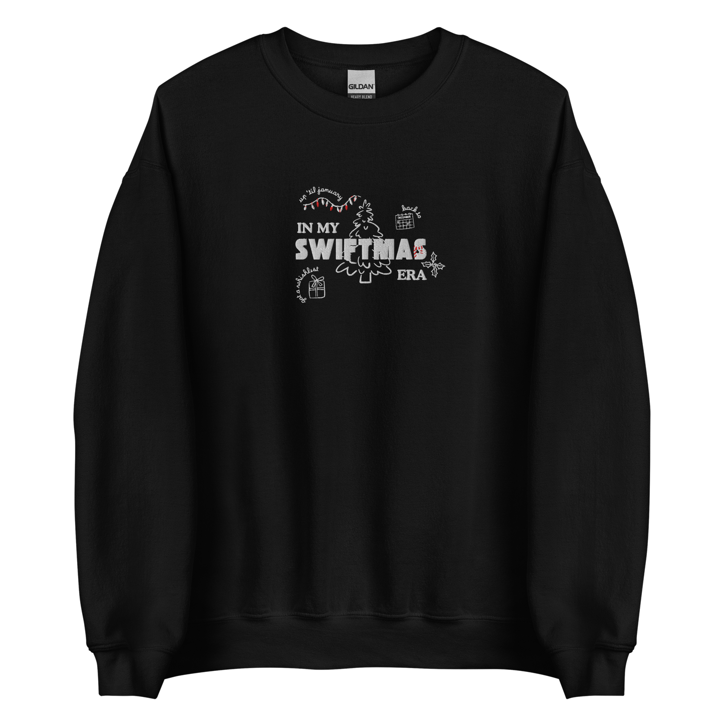 Black sweatshirt with red “In My Swiftmas Era” graphic featuring festive Christmas doodles, Taylor Swift inspired holiday sweatshirt for Swiftie fans