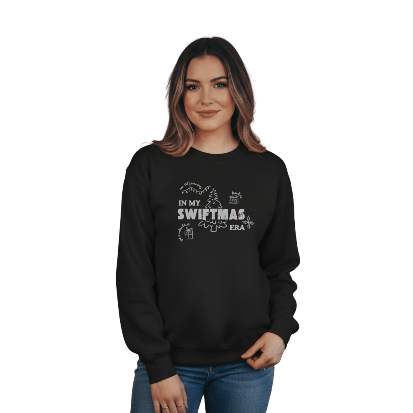 Black sweatshirt with red “In My Swiftmas Era” graphic featuring festive Christmas doodles, Taylor Swift inspired holiday sweatshirt for Swiftie fans