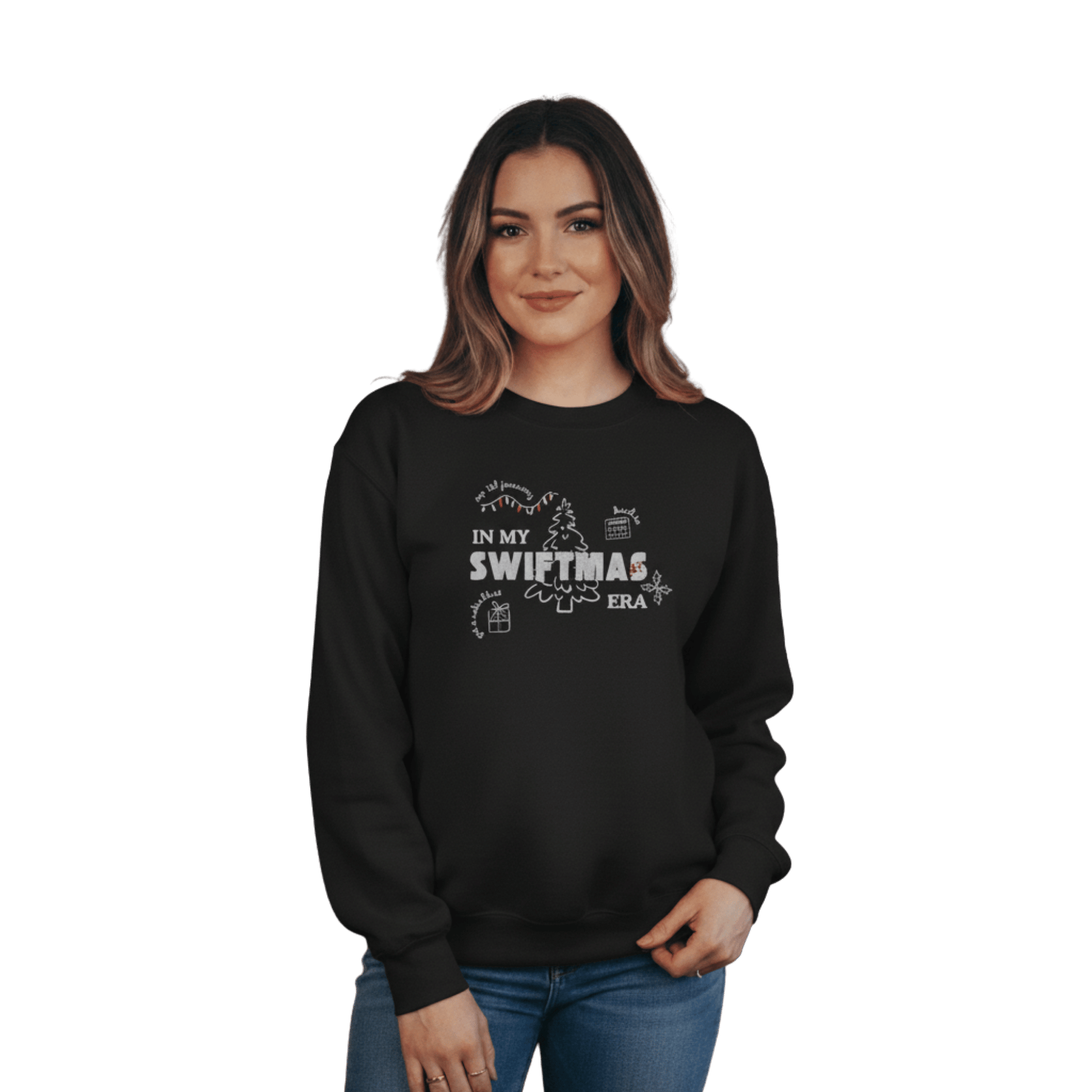 Black sweatshirt with red “In My Swiftmas Era” graphic featuring festive Christmas doodles, Taylor Swift inspired holiday sweatshirt for Swiftie fans