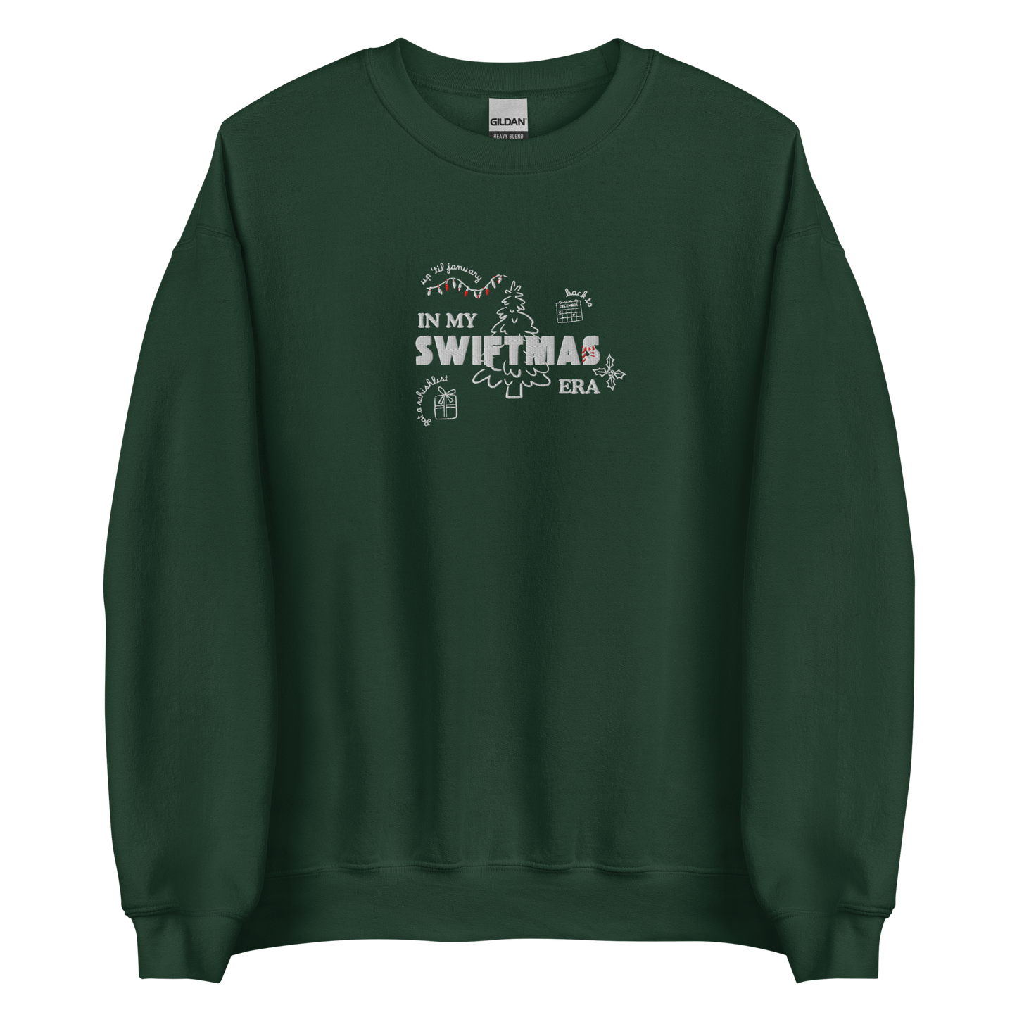 Forest green sweatshirt with red “In My Swiftmas Era” graphic featuring festive Christmas doodles, Taylor Swift inspired holiday sweatshirt for Swiftie fans