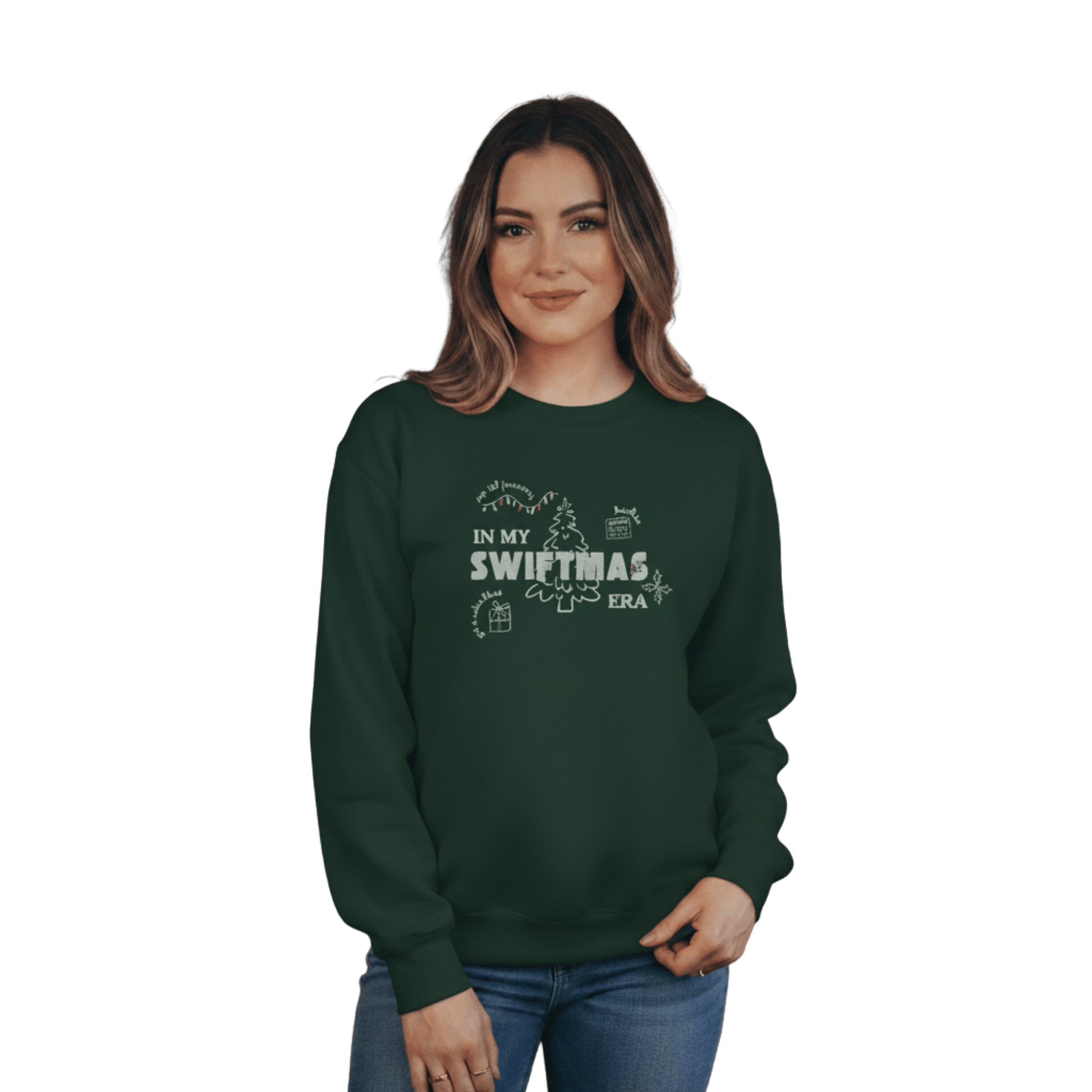 Forest green sweatshirt with red “In My Swiftmas Era” graphic featuring festive Christmas doodles, Taylor Swift inspired holiday sweatshirt for Swiftie fans
