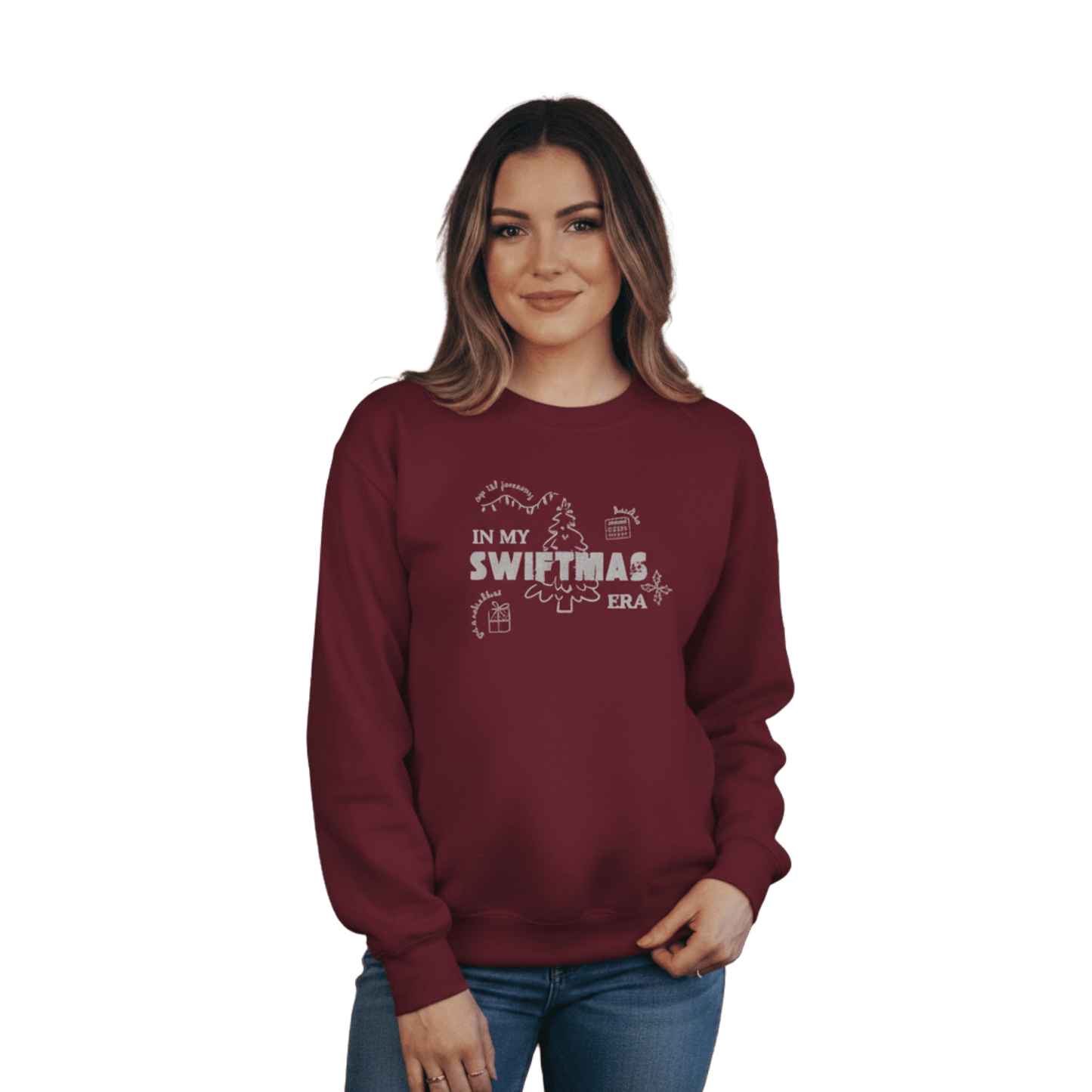 Maroon sweatshirt with red “In My Swiftmas Era” graphic featuring festive Christmas doodles, Taylor Swift inspired holiday sweatshirt for Swiftie fans