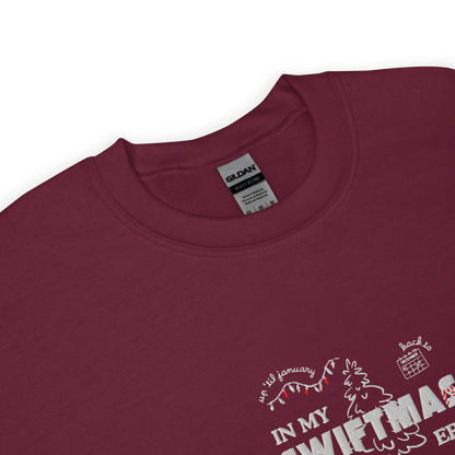 Maroon sweatshirt with red “In My Swiftmas Era” graphic featuring festive Christmas doodles, Taylor Swift inspired holiday sweatshirt for Swiftie fans