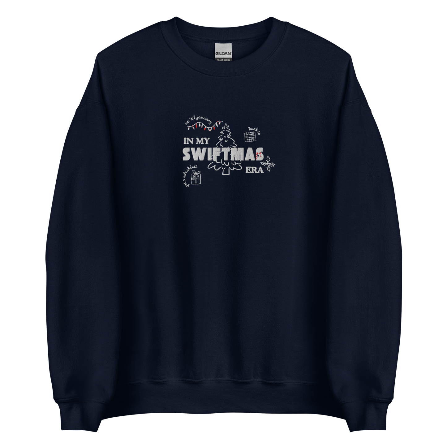 Navy sweatshirt with red “In My Swiftmas Era” graphic featuring festive Christmas doodles, Taylor Swift inspired holiday sweatshirt for Swiftie fans