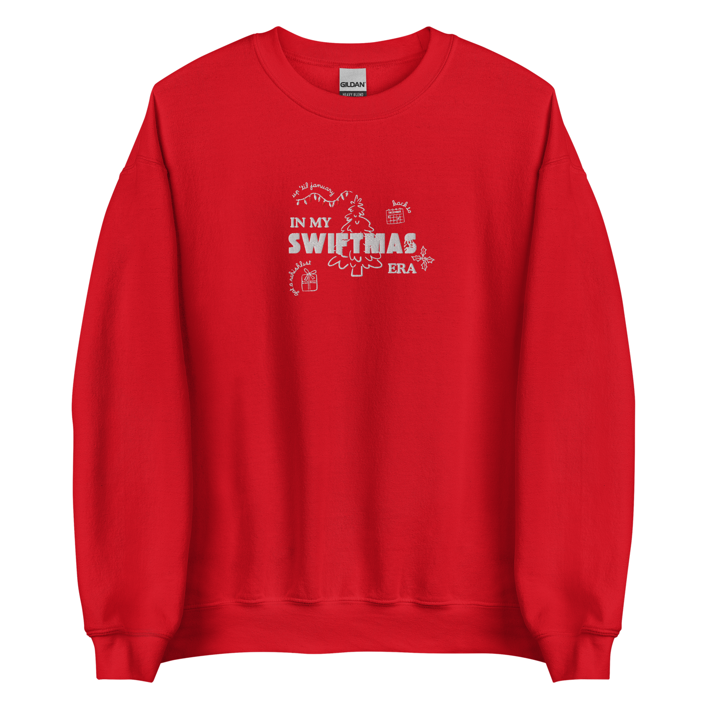 Red sweatshirt with red “In My Swiftmas Era” graphic featuring festive Christmas doodles, Taylor Swift inspired holiday sweatshirt for Swiftie fans