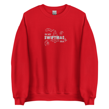 Red sweatshirt with red “In My Swiftmas Era” graphic featuring festive Christmas doodles, Taylor Swift inspired holiday sweatshirt for Swiftie fans