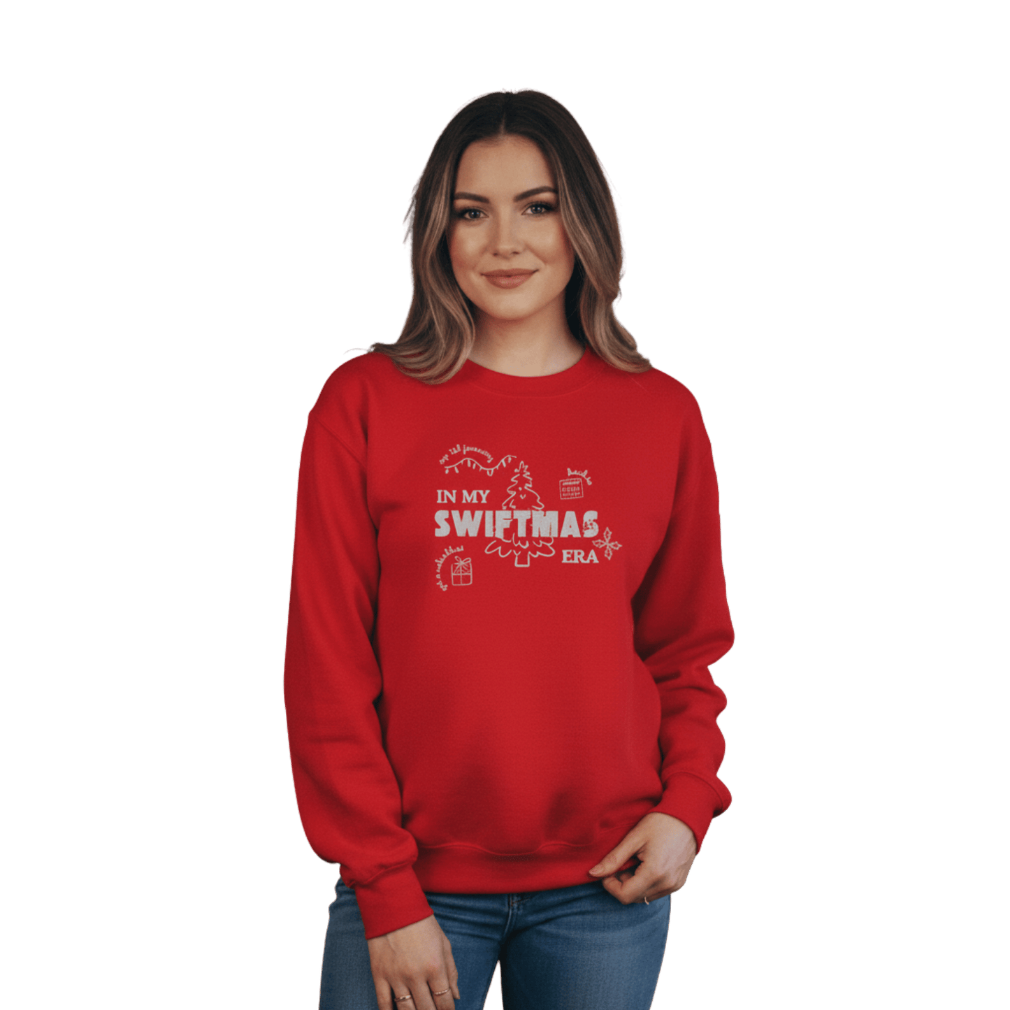 Red sweatshirt with red “In My Swiftmas Era” graphic featuring festive Christmas doodles, Taylor Swift inspired holiday sweatshirt for Swiftie fans