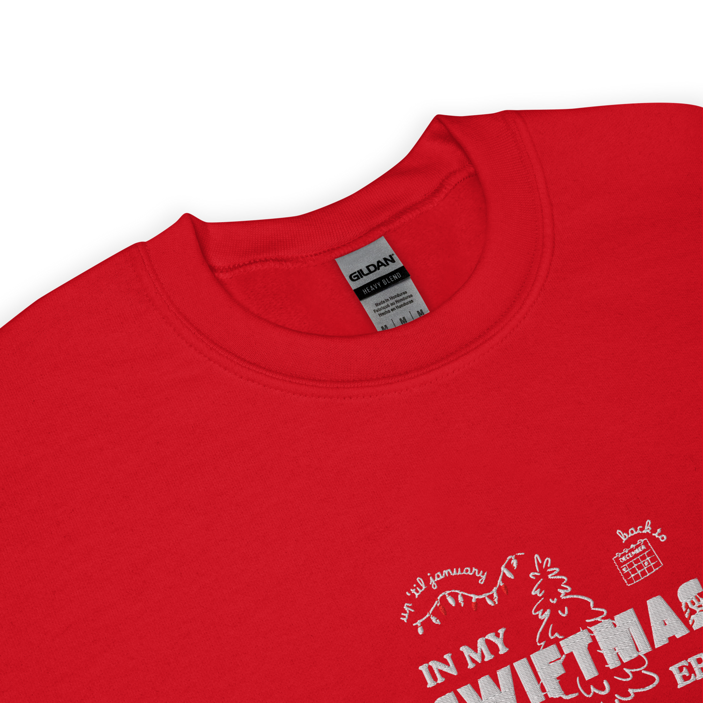 Red sweatshirt with red “In My Swiftmas Era” graphic featuring festive Christmas doodles, Taylor Swift inspired holiday sweatshirt for Swiftie fans