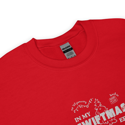 Red sweatshirt with red “In My Swiftmas Era” graphic featuring festive Christmas doodles, Taylor Swift inspired holiday sweatshirt for Swiftie fans