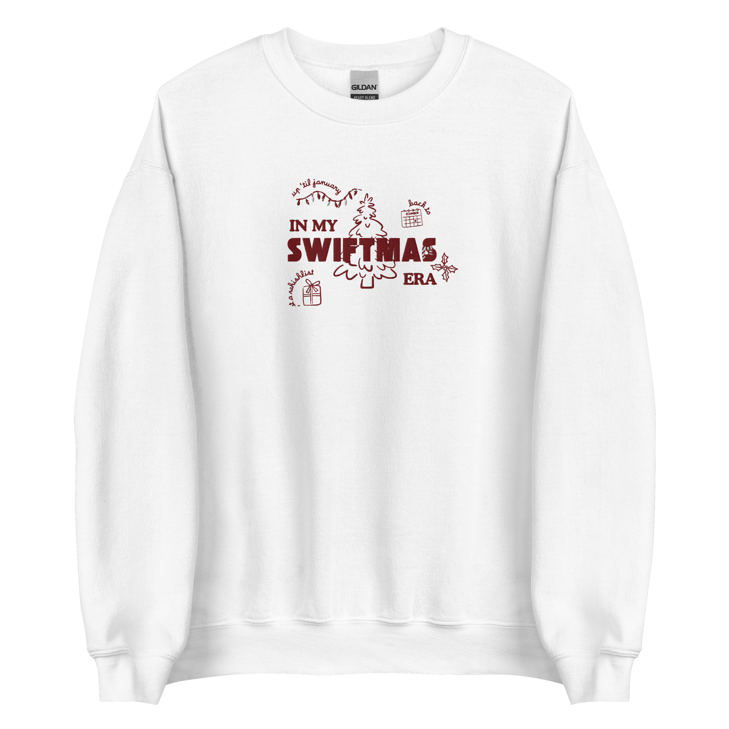 White sweatshirt with red “In My Swiftmas Era” graphic featuring festive Christmas doodles, Taylor Swift inspired holiday sweatshirt for Swiftie fans