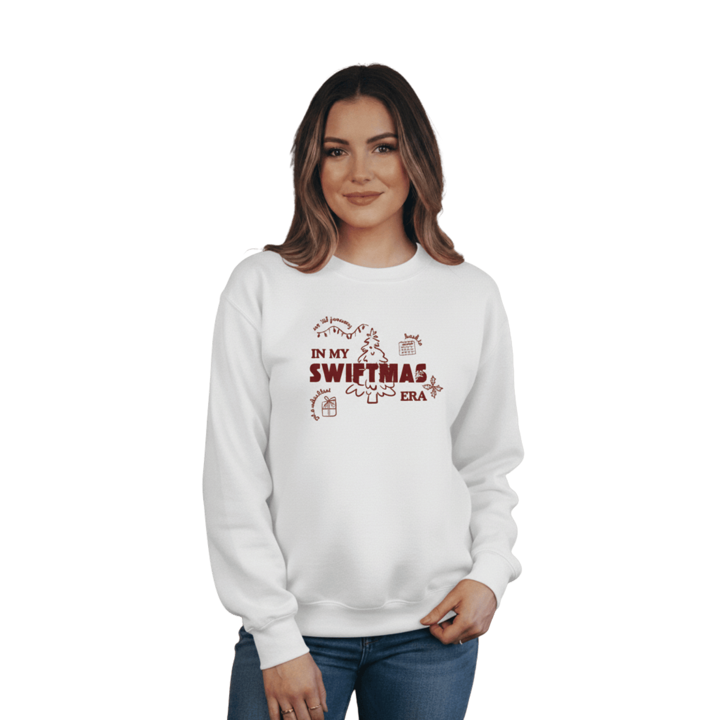 White sweatshirt with red “In My Swiftmas Era” graphic featuring festive Christmas doodles, Taylor Swift inspired holiday sweatshirt for Swiftie fans