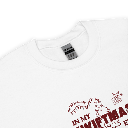 White sweatshirt with red “In My Swiftmas Era” graphic featuring festive Christmas doodles, Taylor Swift inspired holiday sweatshirt for Swiftie fans