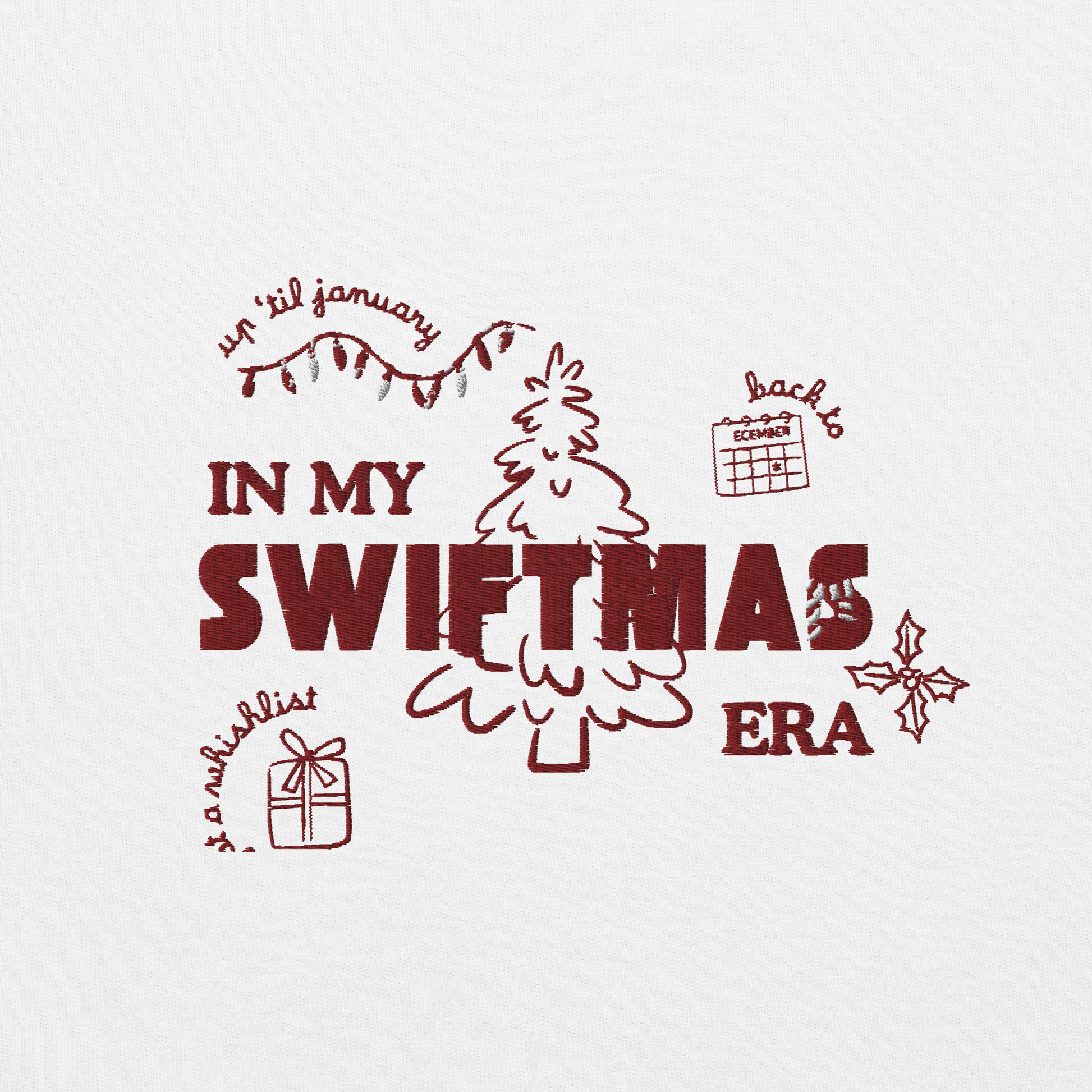 White sweatshirt with red “In My Swiftmas Era” graphic featuring festive Christmas doodles, Taylor Swift inspired holiday sweatshirt for Swiftie fans