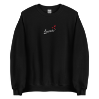Black Lover sweatshirt inspired by Taylor Swift’s Lover era, featuring minimalist ‘Lover’ text with small heart details on a cozy pastel crewneck, soft romantic pop aesthetic merch